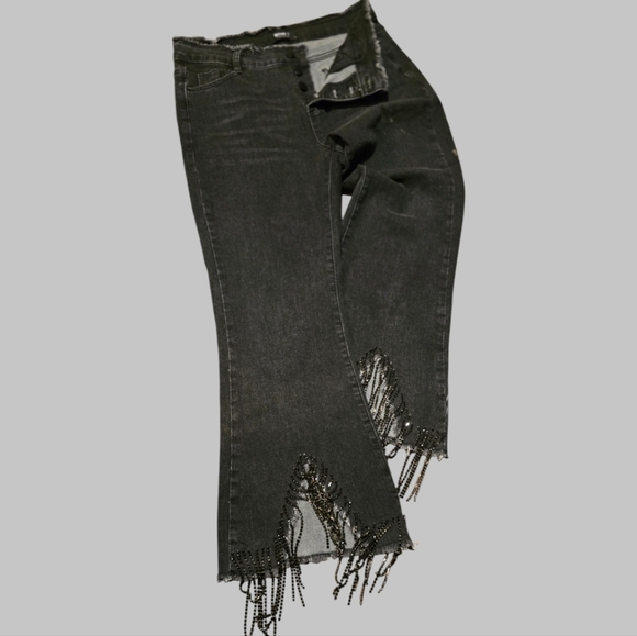 Blue B Collection Women's Black Beaded Fringe High-Waist Flared Jeans Size L - Picture 2 of 10